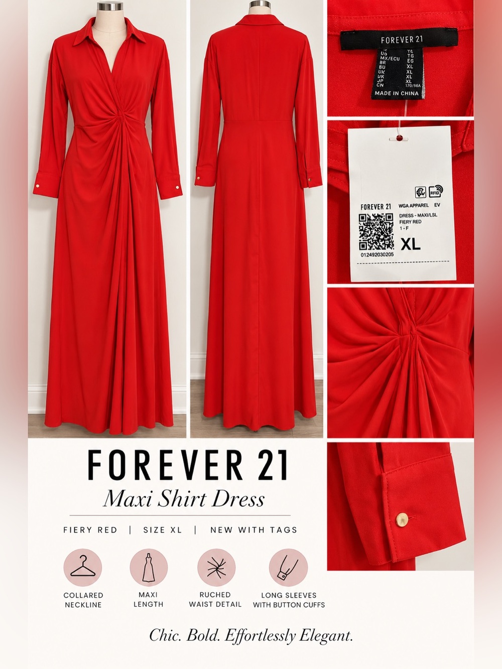 Forever 21 Fiery Red Maxi Shirt Dress with Ruched Front